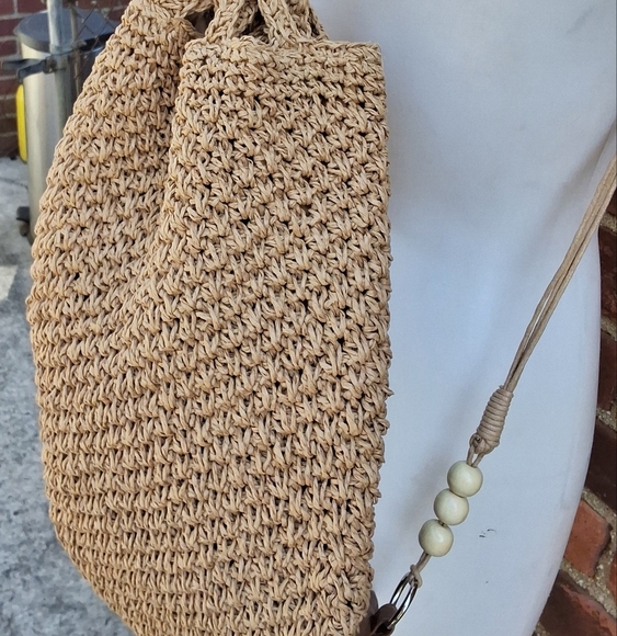 Tan Woven Paper Raffia Drawstring Backpack - Picture 15 of 15